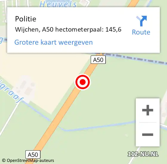 Locatie op kaart van de 112 melding: Politie Wijchen, A50 hectometerpaal: 145,6 op 19 juni 2023 10:01