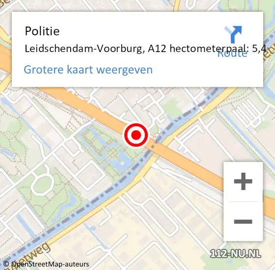 Locatie op kaart van de 112 melding: Politie Leidschendam-Voorburg, A12 hectometerpaal: 5,4 op 19 juni 2023 10:43