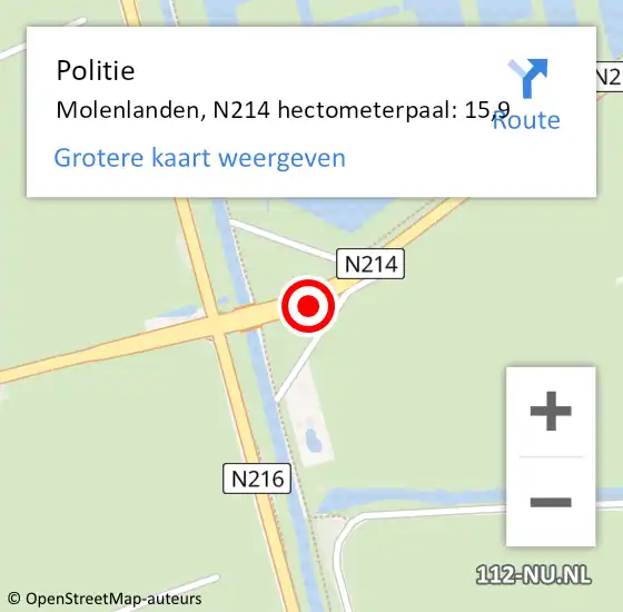 Locatie op kaart van de 112 melding: Politie Molenlanden, N214 hectometerpaal: 15,9 op 19 juni 2023 11:32