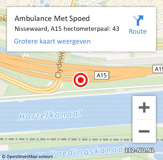 Locatie op kaart van de 112 melding: Ambulance Met Spoed Naar Nissewaard, A15 hectometerpaal: 43 op 19 juni 2023 14:16