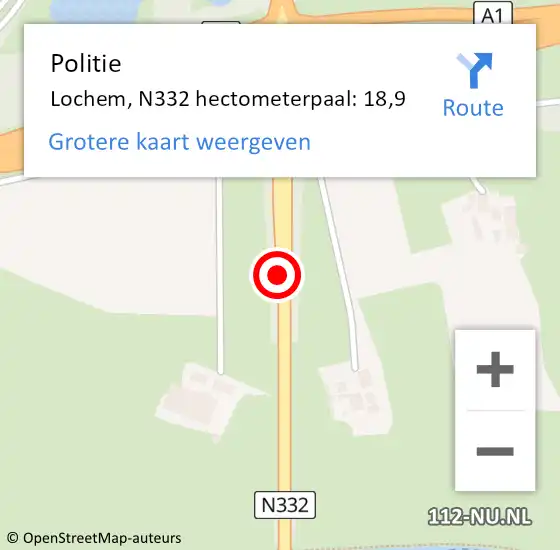 Locatie op kaart van de 112 melding: Politie Lochem, N332 hectometerpaal: 18,9 op 19 juni 2023 14:22