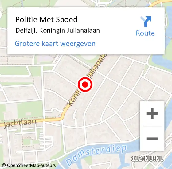 Locatie op kaart van de 112 melding: Politie Met Spoed Naar Delfzijl, Koningin Julianalaan op 19 juni 2023 15:26