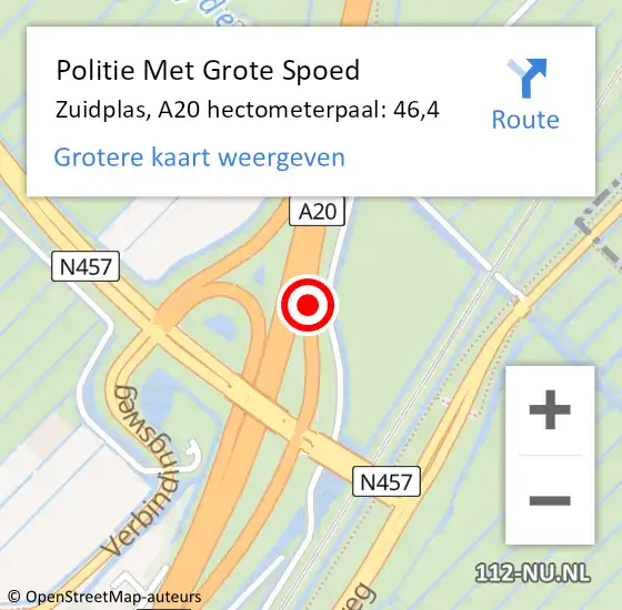 Locatie op kaart van de 112 melding: Politie Met Grote Spoed Naar Zuidplas, A20 hectometerpaal: 46,4 op 19 juni 2023 16:41