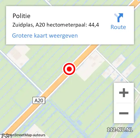 Locatie op kaart van de 112 melding: Politie Zuidplas, A20 hectometerpaal: 44,4 op 19 juni 2023 16:57