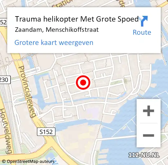 Locatie op kaart van de 112 melding: Trauma helikopter Met Grote Spoed Naar Zaandam, Menschikoffstraat op 19 juni 2023 18:01