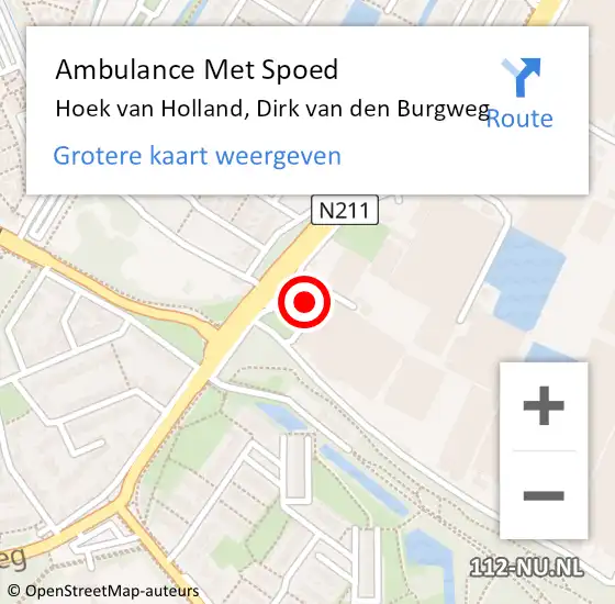 Locatie op kaart van de 112 melding: Ambulance Met Spoed Naar Hoek van Holland, Dirk van den Burgweg op 19 juni 2023 18:05