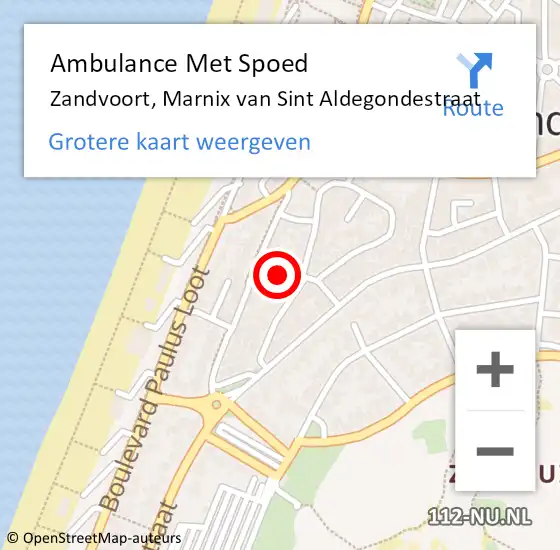 Locatie op kaart van de 112 melding: Ambulance Met Spoed Naar Zandvoort, Marnix van Sint Aldegondestraat op 20 juni 2023 03:08