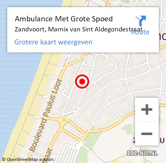 Locatie op kaart van de 112 melding: Ambulance Met Grote Spoed Naar Zandvoort, Marnix van Sint Aldegondestraat op 20 juni 2023 04:14