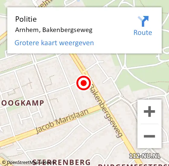 Locatie op kaart van de 112 melding: Politie Arnhem, Bakenbergseweg op 20 juni 2023 05:45