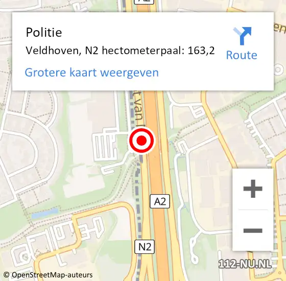 Locatie op kaart van de 112 melding: Politie Veldhoven, N2 hectometerpaal: 163,2 op 20 juni 2023 07:45