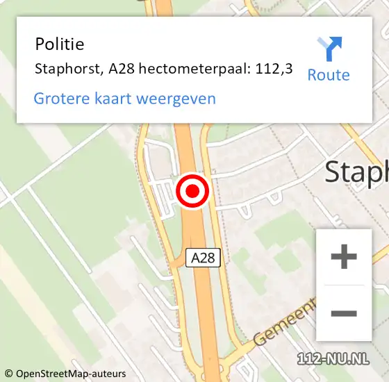 Locatie op kaart van de 112 melding: Politie Staphorst, A28 hectometerpaal: 112,3 op 20 juni 2023 07:52