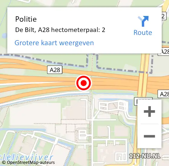 Locatie op kaart van de 112 melding: Politie De Bilt, A28 hectometerpaal: 2 op 20 juni 2023 08:16