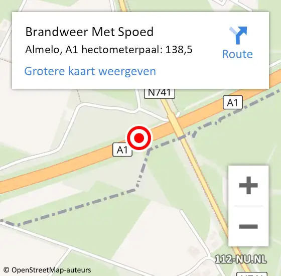 Locatie op kaart van de 112 melding: Brandweer Met Spoed Naar Almelo, A1 hectometerpaal: 138,5 op 20 juni 2023 11:42