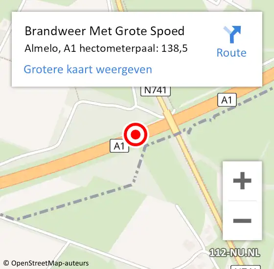 Locatie op kaart van de 112 melding: Brandweer Met Grote Spoed Naar Almelo, A1 hectometerpaal: 138,5 op 20 juni 2023 11:59