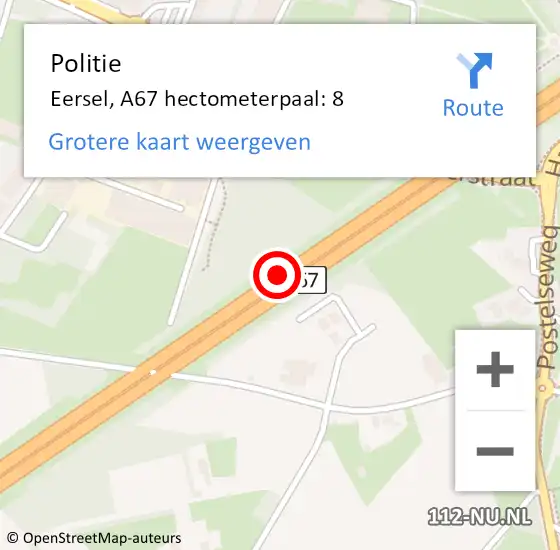 Locatie op kaart van de 112 melding: Politie Eersel, A67 hectometerpaal: 8 op 20 juni 2023 12:31