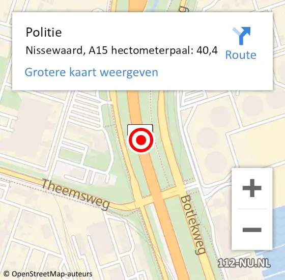 Locatie op kaart van de 112 melding: Politie Nissewaard, A15 hectometerpaal: 40,4 op 20 juni 2023 12:35