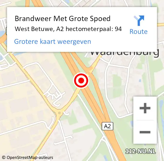 Locatie op kaart van de 112 melding: Brandweer Met Grote Spoed Naar West Betuwe, A2 hectometerpaal: 94 op 20 juni 2023 13:43