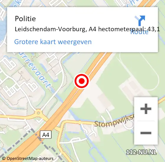 Locatie op kaart van de 112 melding: Politie Leidschendam-Voorburg, A4 hectometerpaal: 43,1 op 20 juni 2023 15:20