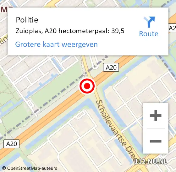 Locatie op kaart van de 112 melding: Politie Zuidplas, A20 hectometerpaal: 39,5 op 20 juni 2023 16:01