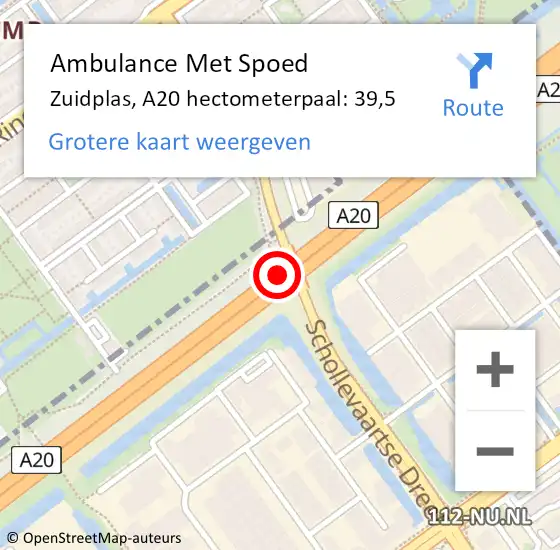 Locatie op kaart van de 112 melding: Ambulance Met Spoed Naar Zuidplas, A20 hectometerpaal: 39,5 op 20 juni 2023 16:10