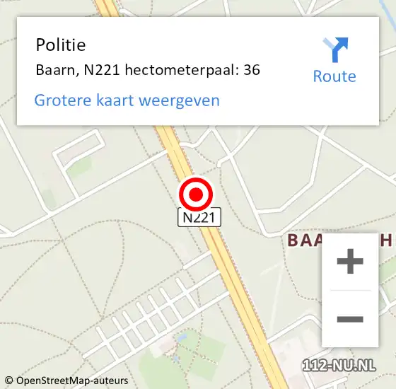 Locatie op kaart van de 112 melding: Politie Baarn, N221 hectometerpaal: 36 op 20 juni 2023 16:20