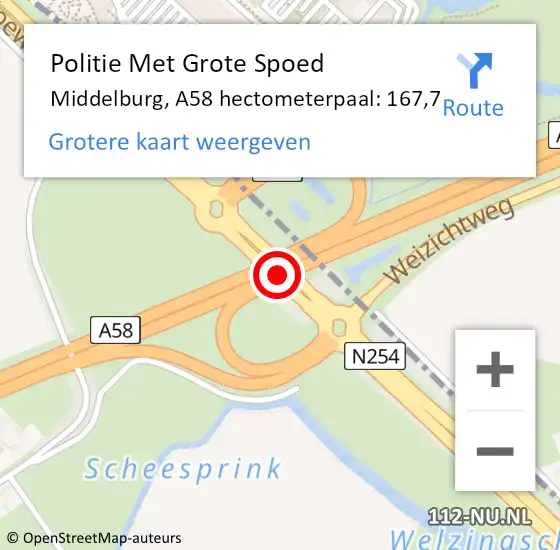 Locatie op kaart van de 112 melding: Politie Met Grote Spoed Naar Middelburg, A58 hectometerpaal: 167,7 op 20 juni 2023 16:27