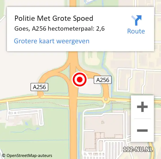 Locatie op kaart van de 112 melding: Politie Met Grote Spoed Naar Goes, A256 hectometerpaal: 2,6 op 20 juni 2023 17:57