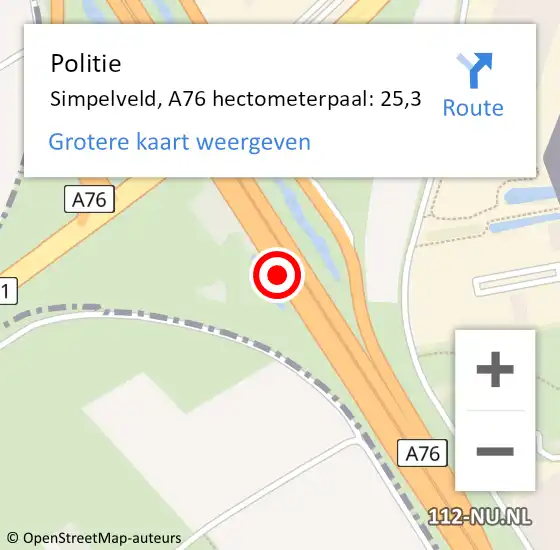 Locatie op kaart van de 112 melding: Politie Simpelveld, A76 hectometerpaal: 25,3 op 20 juni 2023 22:44