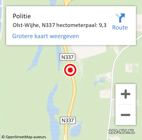 Locatie op kaart van de 112 melding: Politie Olst-Wijhe, N337 hectometerpaal: 9,3 op 21 juni 2023 04:58