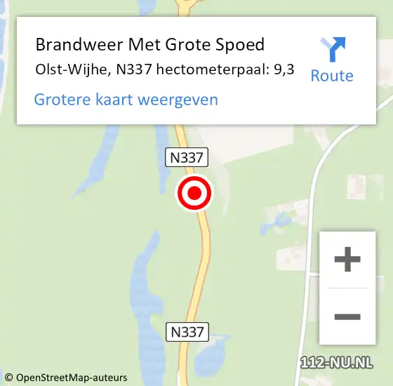 Locatie op kaart van de 112 melding: Brandweer Met Grote Spoed Naar Olst-Wijhe, N337 hectometerpaal: 9,3 op 21 juni 2023 05:16