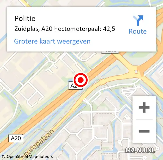 Locatie op kaart van de 112 melding: Politie Zuidplas, A20 hectometerpaal: 42,5 op 21 juni 2023 07:36