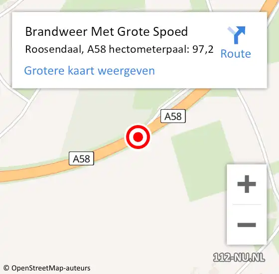 Locatie op kaart van de 112 melding: Brandweer Met Grote Spoed Naar Roosendaal, A58 hectometerpaal: 97,2 op 21 juni 2023 07:51