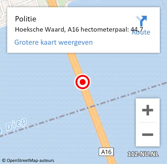 Locatie op kaart van de 112 melding: Politie Hoeksche Waard, A16 hectometerpaal: 44,7 op 21 juni 2023 09:21