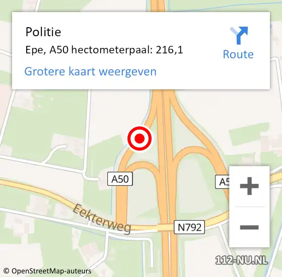 Locatie op kaart van de 112 melding: Politie Epe, A50 hectometerpaal: 216,1 op 21 juni 2023 11:40