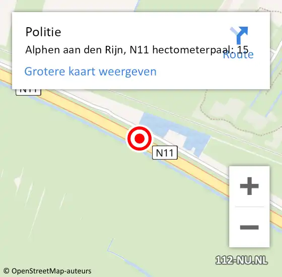 Locatie op kaart van de 112 melding: Politie Alphen aan den Rijn, N11 hectometerpaal: 15 op 21 juni 2023 14:18