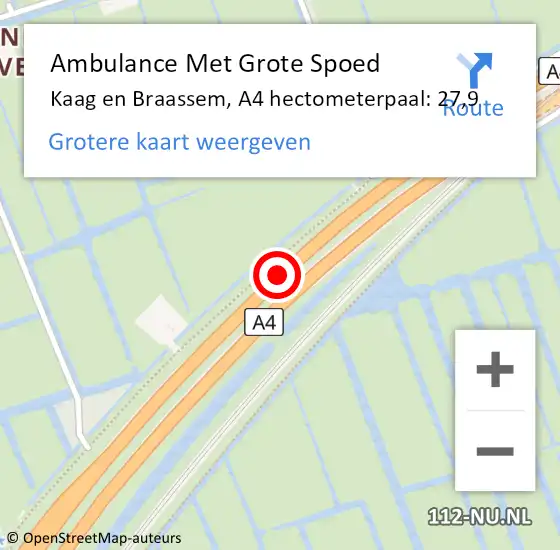 Locatie op kaart van de 112 melding: Ambulance Met Grote Spoed Naar Kaag en Braassem, A4 hectometerpaal: 27,9 op 21 juni 2023 14:47