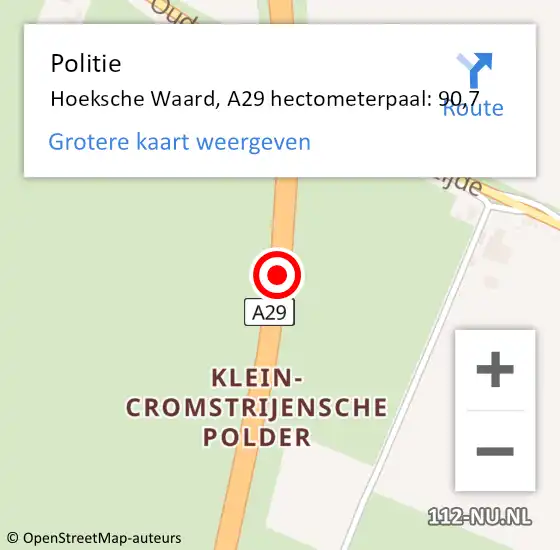 Locatie op kaart van de 112 melding: Politie Hoeksche Waard, A29 hectometerpaal: 90,7 op 21 juni 2023 15:22