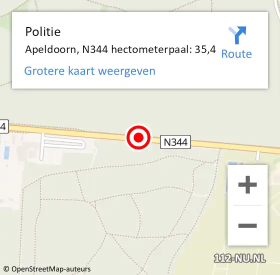 Locatie op kaart van de 112 melding: Politie Apeldoorn, N344 hectometerpaal: 35,4 op 21 juni 2023 15:50