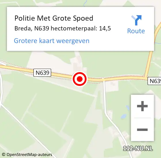 Locatie op kaart van de 112 melding: Politie Met Grote Spoed Naar Breda, N639 hectometerpaal: 14,5 op 21 juni 2023 16:46