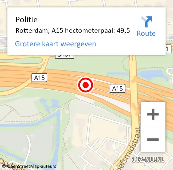 Locatie op kaart van de 112 melding: Politie Rotterdam, A15 hectometerpaal: 49,5 op 21 juni 2023 17:05