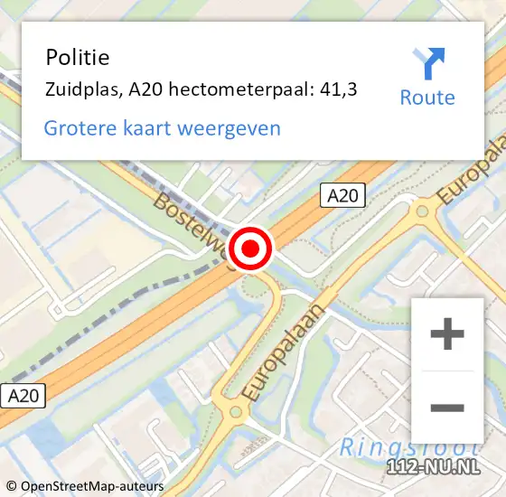 Locatie op kaart van de 112 melding: Politie Zuidplas, A20 hectometerpaal: 41,3 op 21 juni 2023 17:37