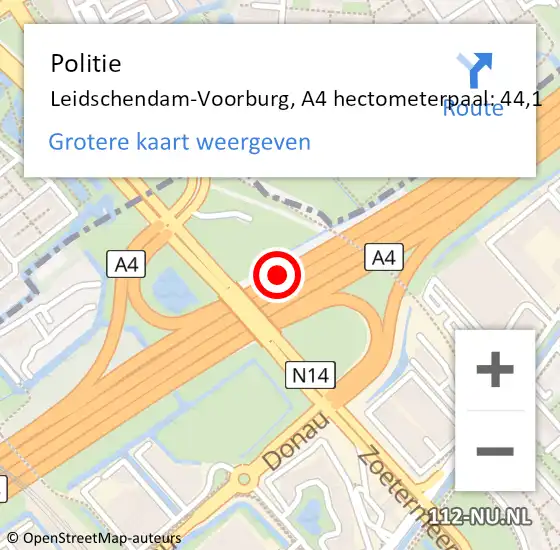 Locatie op kaart van de 112 melding: Politie Leidschendam-Voorburg, A4 hectometerpaal: 44,1 op 21 juni 2023 18:23