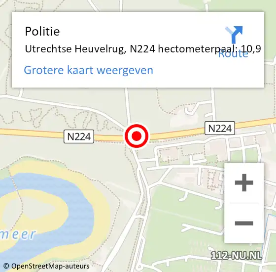 Locatie op kaart van de 112 melding: Politie Utrechtse Heuvelrug, N224 hectometerpaal: 10,9 op 21 juni 2023 18:52