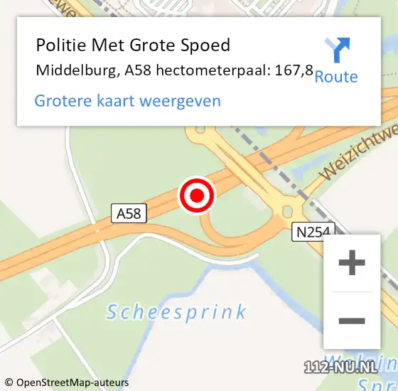 Locatie op kaart van de 112 melding: Politie Met Grote Spoed Naar Middelburg, A58 hectometerpaal: 167,8 op 21 juni 2023 21:27
