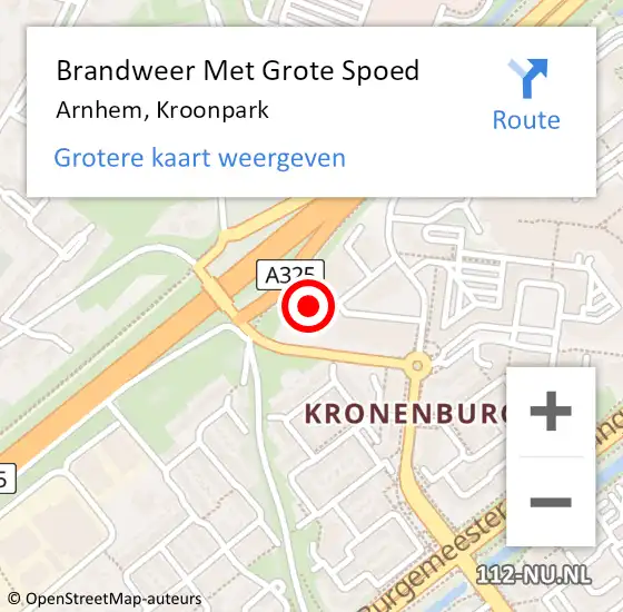 Locatie op kaart van de 112 melding: Brandweer Met Grote Spoed Naar Arnhem, Kroonpark op 21 juni 2023 22:43