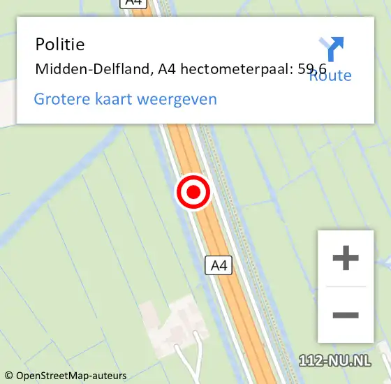Locatie op kaart van de 112 melding: Politie Midden-Delfland, A4 hectometerpaal: 59,6 op 22 juni 2023 05:24