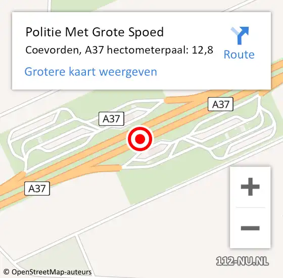 Locatie op kaart van de 112 melding: Politie Met Grote Spoed Naar Coevorden, A37 hectometerpaal: 12,8 op 22 juni 2023 08:49