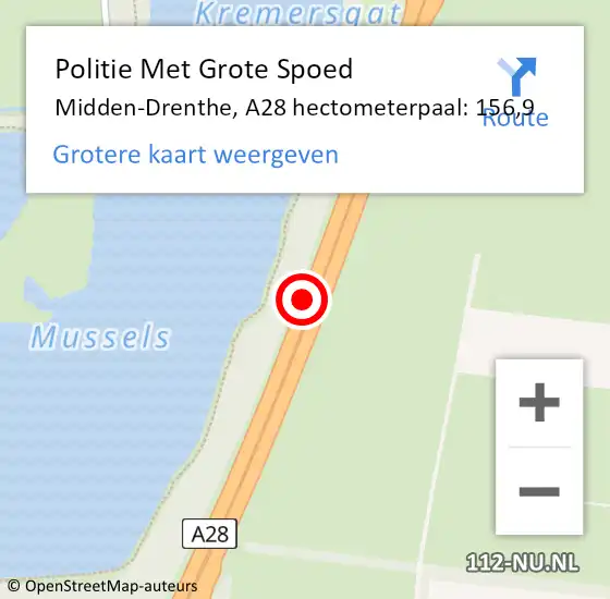 Locatie op kaart van de 112 melding: Politie Met Grote Spoed Naar Midden-Drenthe, A28 hectometerpaal: 156,9 op 22 juni 2023 08:50