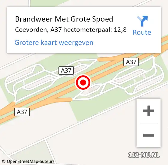 Locatie op kaart van de 112 melding: Brandweer Met Grote Spoed Naar Coevorden, A37 hectometerpaal: 12,8 op 22 juni 2023 08:51