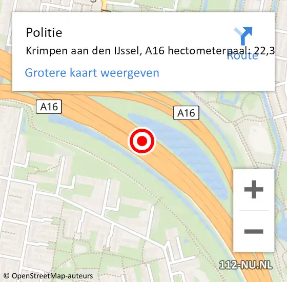 Locatie op kaart van de 112 melding: Politie Krimpen aan den IJssel, A16 hectometerpaal: 22,3 op 22 juni 2023 11:29